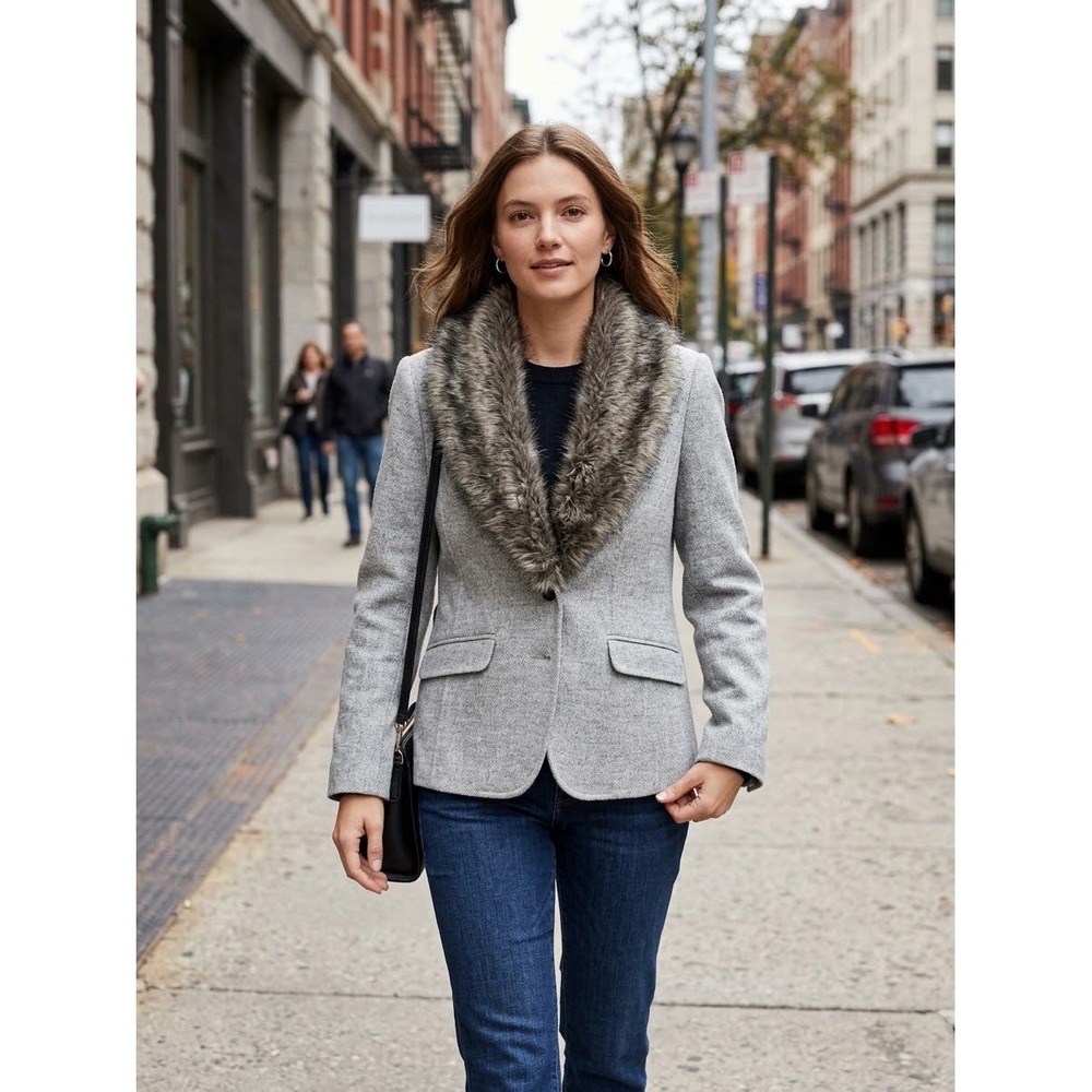 Talbots Petite Grey Wool Blend Blazer Faux   Fur Collar Crested Buttons 4P